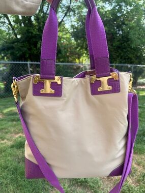 Tory Burch Nylon Tote Bag Purple Gold Logo Hardware Large Crossbody Shoulder